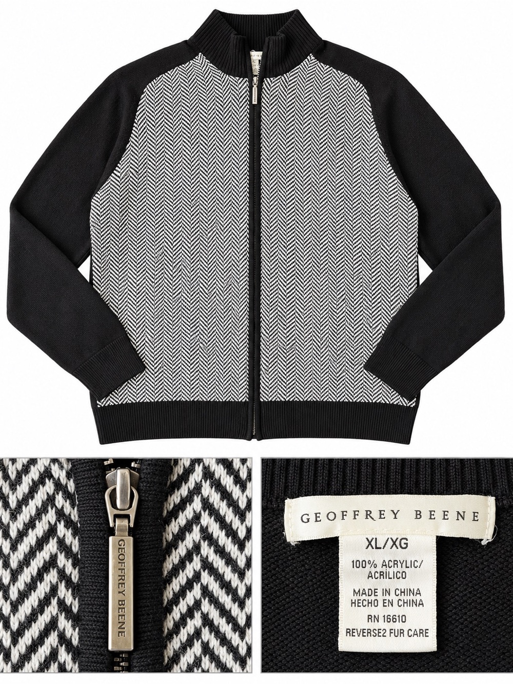 LIKE NEW XL Geoffrey Beene Men's Black & White Herringbone Zip Cardigan